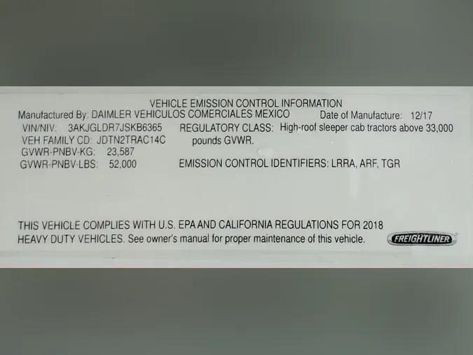 2018 FREIGHTLINER/MERCEDES CASCADIA 125