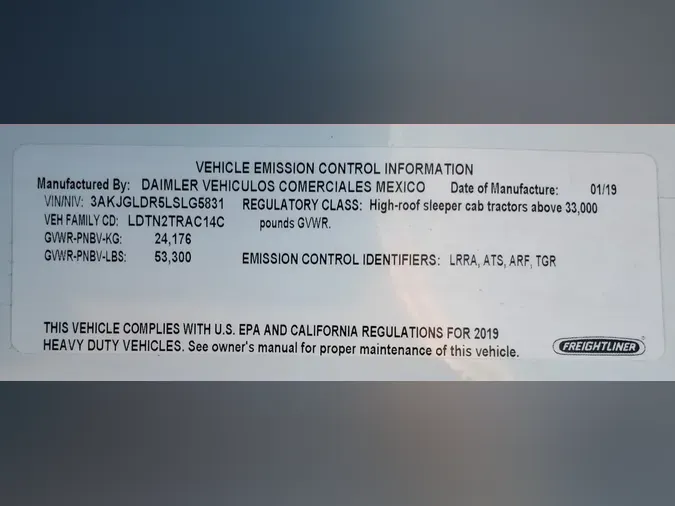 2020 FREIGHTLINER/MERCEDES CASCADIA 12509a9493cc75f1eac20859339acbc1e3b