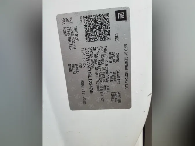2020 GENERAL MOTORS CORP. 3500 (PANEL VAN)182ee2c23bb71bb3b496c9f53c52ce6b