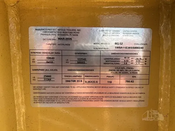 2025 WITZCO CHALLENGER RG-52 TON/ 23 FT WELL