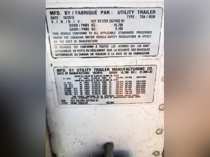 2016 UTILITY TRAILERS VS1RA 28/162/102