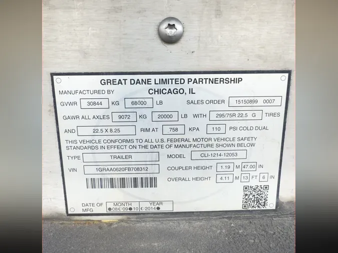 2015 GREAT DANE TRAILER 7211TZ-1 53/162/102