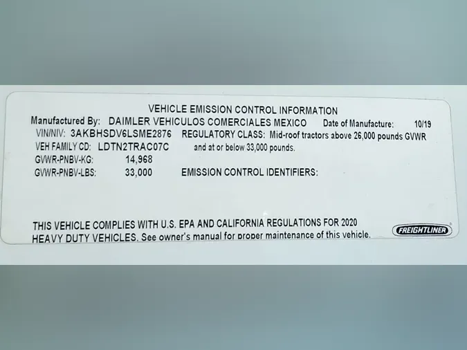 2020 FREIGHTLINER/MERCEDES NEW CASCADIA 116