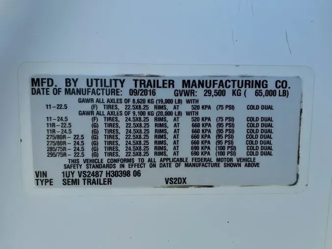 2017 UTILITY TRAILERS VS2DC 48/162/102