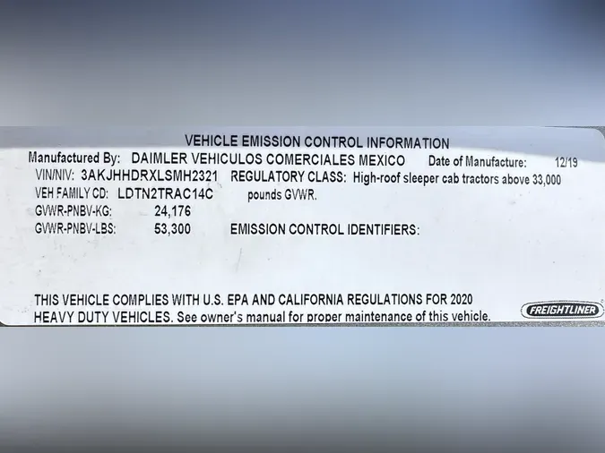 2020 FREIGHTLINER CASCADIA 126