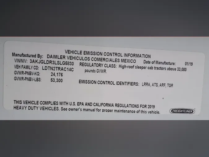 2020 FREIGHTLINER/MERCEDES CASCADIA 125692f0a6c771f6574a53ba9c6c7aa5fa5