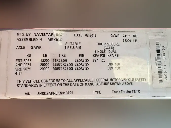 2019 NAVISTAR INTERNATIONAL LT625 SLPR CAB