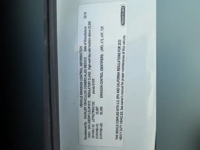 2020 FREIGHTLINER/MERCEDES CASCADIA 125a0e94ce627ba8bcd1feb40634b108418