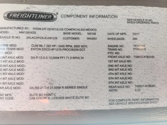 2018 FREIGHTLINER/MERCEDES M2 106