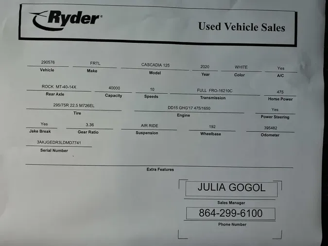 2020 FREIGHTLINER/MERCEDES CASCADIA 125