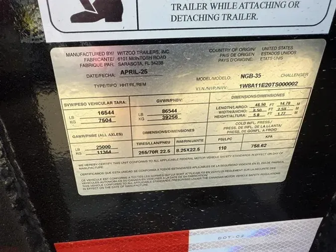 2026 WITZCO CHALLENGER NGB-35/ 26 FT WELL/ AIR RIDE