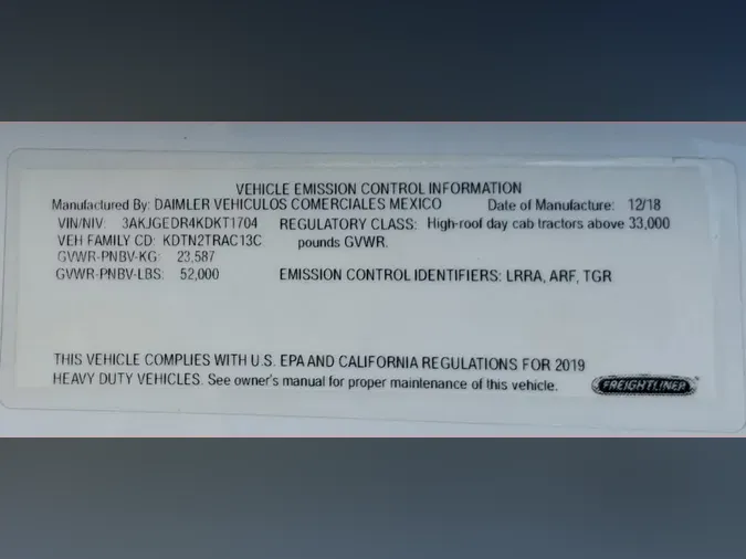 2019 FREIGHTLINER/MERCEDES CASCADIA 125e308f395ea95702097ea0b3825fcf098